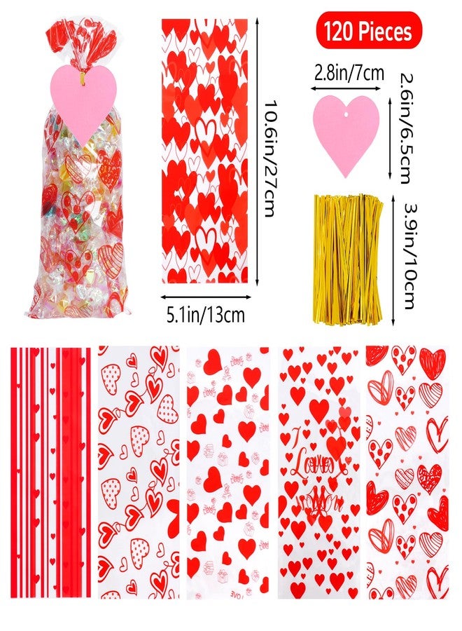 Bskifnn 120PCS Valentines Treat Bags with Twist Ties and 50PCS Heart Gift Tags Candy Cookie Goodies Gift Bag 6 Styles Valentine Cellophane Treat Bags for Birthday Valentine's Day Mother's Day Party Decorations - Image 2
